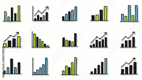 A collection of hand-drawn bar graphs and line charts illustrating upward and downward trends in various business contexts.