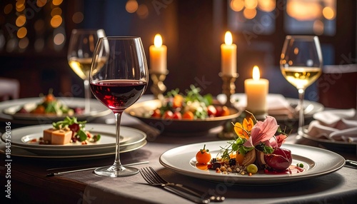 Fine Dining Table with Wine Glasses and Elegant Food Plating