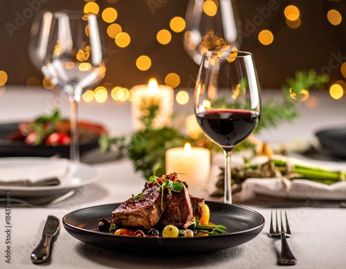 Fine Dining Table with Wine Glasses and Elegant Food Plating