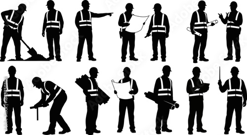 Construction workers and architects with tools silhouettes bundle. architects and workers editable vector