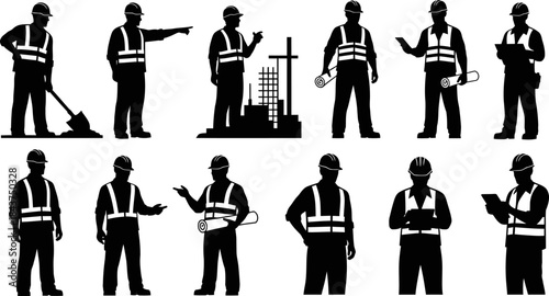 Construction workers and architects with tools silhouettes bundle. architects and workers editable vector