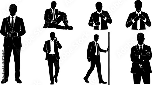 A big collection of Silhouette Set – Businessmen and Executives in Multiple Poses: Standing, Sitting, Walking, and Workplace Actions"