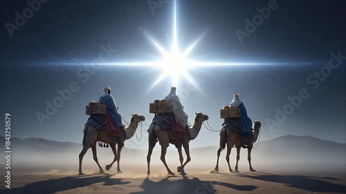 Three Wise Men on camels journeying across desert sand dunes following the bright Star of Bethlehem in a starry spiritual night scene