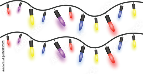 Multicolor String Light Decoration Design. Realistic glowing bulb garland illustration with colorful festive lights