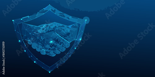 Digital handshake within a polygonal shield representing secure agreement and trust