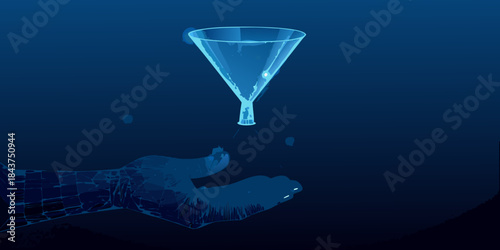 A glowing funnel suspended above a hand with a dark blue background