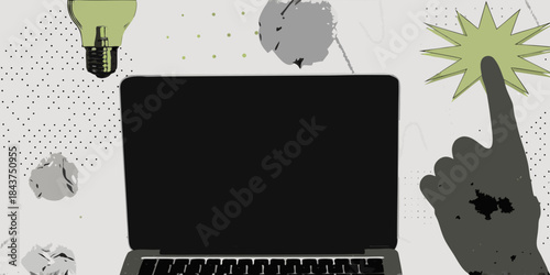 Innovative idea laptop lightbulb and a hand pointing to a starburst