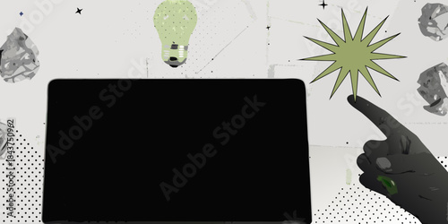 A hand points toward a dark screen with a lightbulb and starburst above