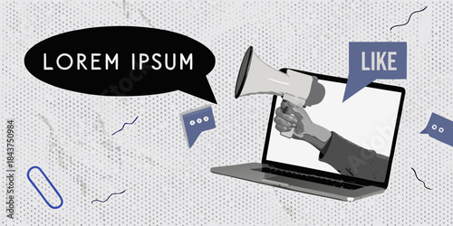 A hand holding a megaphone emerging from a laptop with speech bubbles