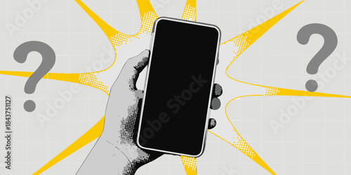 Hand holding a black smartphone surrounded by yellow bursts and question marks