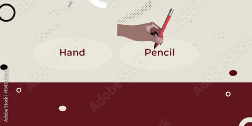 A hand holding a pencil illustrated with labels and a red background