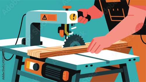 Illustration Of Person Operating A Table Saw To Cut Wood Planks, With Emphasis On Safety Features And Precise Cuts Vector Design Template