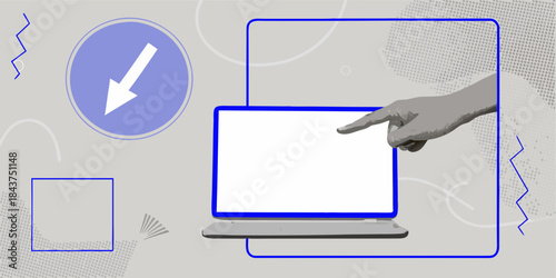 A hand pointing at a laptop screen with abstract geometric shapes around it