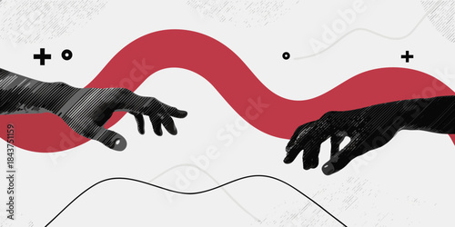 Hands reaching towards a winding red shape against a minimalist background