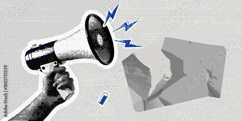 A hand holding a megaphone with lightning bolts emanating from the speaker