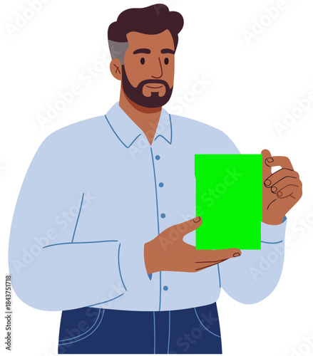 Man Holding Blank Green Cardboard Sign for Your Message Modern Illustration startup