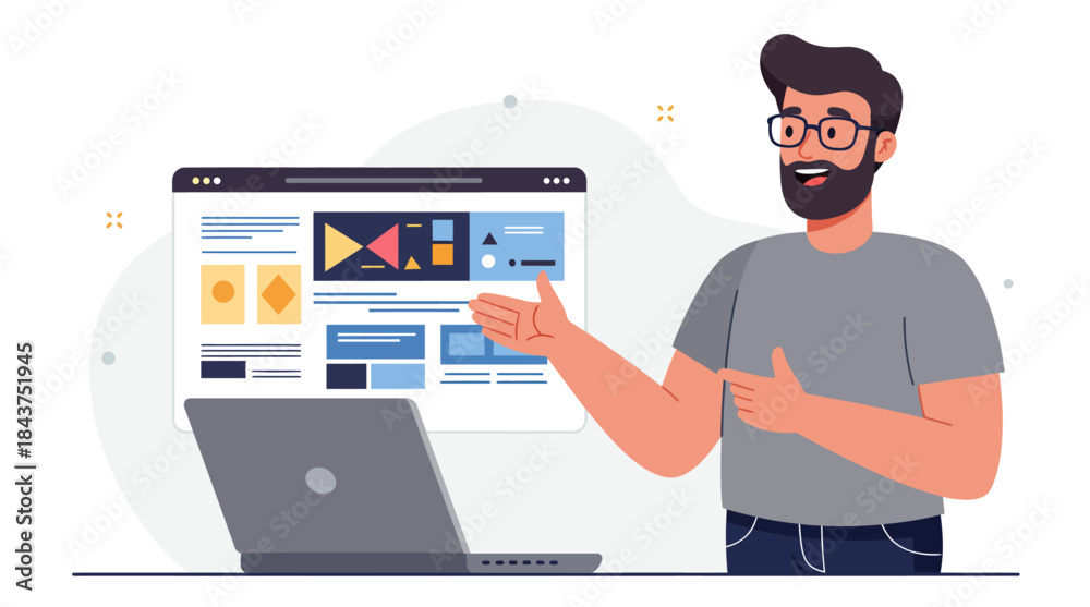 Fototapeta premium Bearded Man Presenting Website Design on Laptop Digital Marketing Strategy Online Business Growth User Interface Development startup