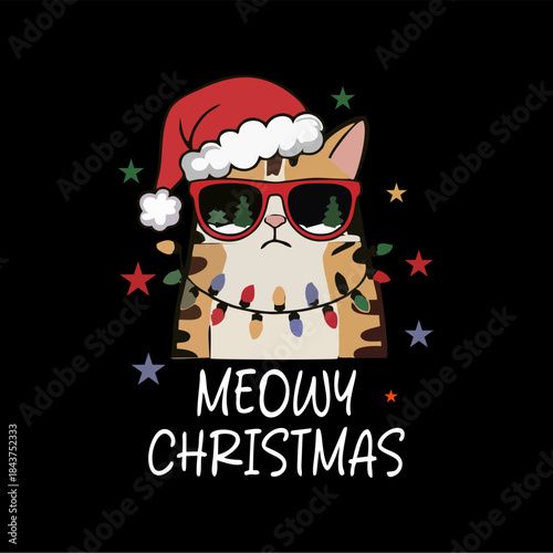Cute Christmas Meowy Cat T-shirt design with Santa Claus Hat. Vector illustration for apparel, posters, stickers, and more.