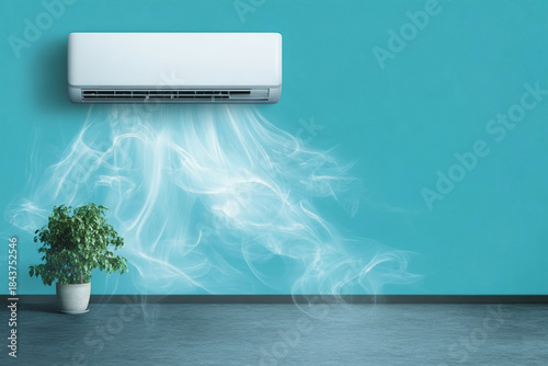 Wall Mounted Air Conditioner Blowing Cold Air In Blue Room