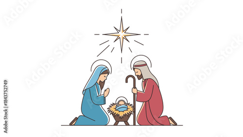 Illustration of Mary and Joseph kneeling beside Jesus' manger under a shining star on Christmas night with a simple, iconic style and a calm, religious mood against a plain white background.
