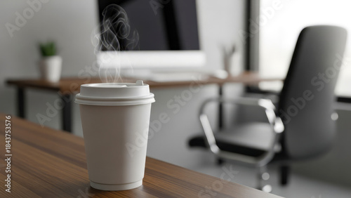 Focus on a disposable drink container on a table with professional furniture out of focus in the rear symbolizing the daily routine of a manager or boss in a modern commercial building office