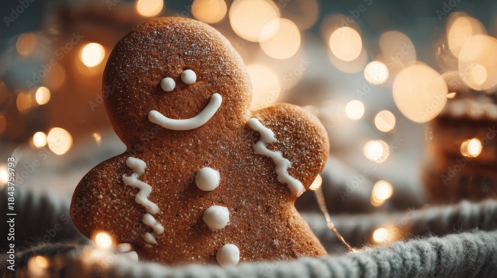 custom made wallpaper toronto digitalGingerbread man cookie with icing details in a cozy festive setting with warm holiday lights