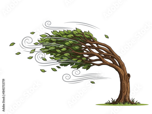 Strong Wind Blowing Tree and Leaves Illustration Vector Concept