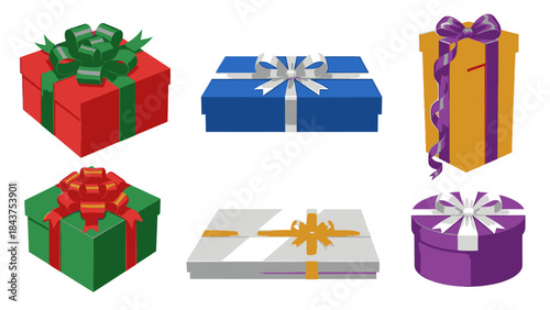 Colorful wrapped gifts in various shapes and sizes, arranged in two rows against a clean white background, conveying a festive chrismas atmosphere with bright, vibrant tones.