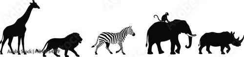 African wildlife silhouette vector, iconic animals in profile, giraffe, lion, zebra, elephant, monkey, rhinoceros, black figures, safari, biodiversity, nature, illustration