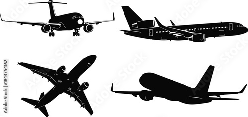 Commercial airplane silhouette set featuring passenger jet aircraft from multiple angles isolated on white background for aviation design projects use