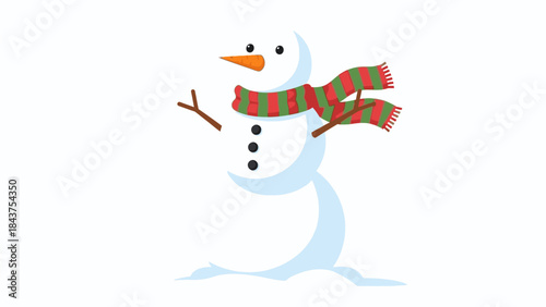 A cheerful snowman wearing a red and green striped scarf and holding a branch, standing on a snowy background with a playful and festive Christmas mood.