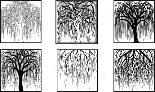 Black weeping willow tree silhouettes vector illustration set, framed square designs, decorative botanical elements, natural landscape artwork, seasonal foliage collection for creative projects