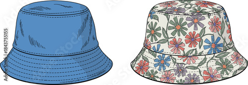 Bucket hat fashion illustration, plain blue hat and floral patterned hat, summer accessory design, trendy headwear vector, casual style concept