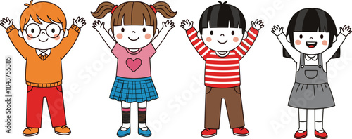 Cartoon children with raised arms, diverse outfits and hairstyles, cheerful pose, happy kids, celebration, vector illustration