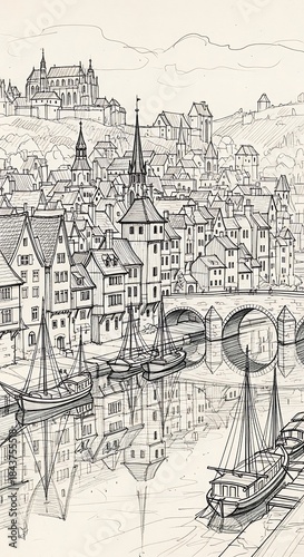 Architectural Sketch of a European City with River and Boats.