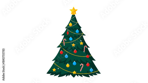 A festive Christmas tree with colorful ornaments and a golden star on top against a clean white background with a cheerful holiday mood.