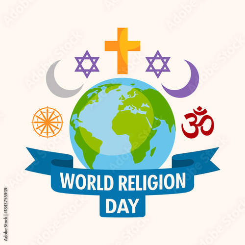 An illustration celebrating world religion day, featuring major religious symbols around the globe, promoting peace and unity.