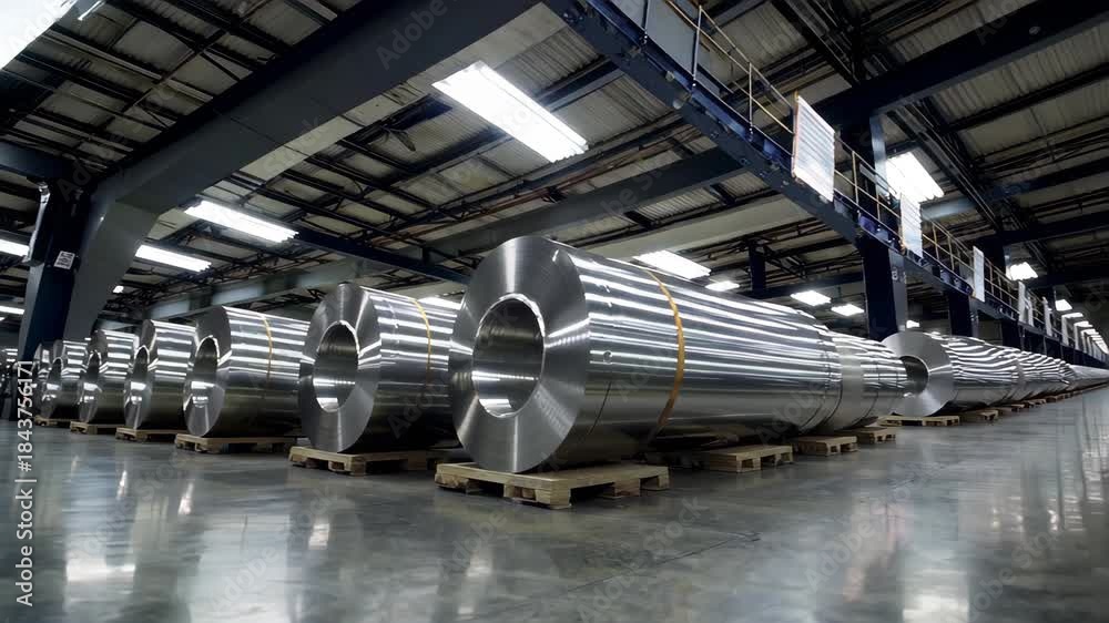 rows of giant steel coils inside a large metal factory, industrial hall ...