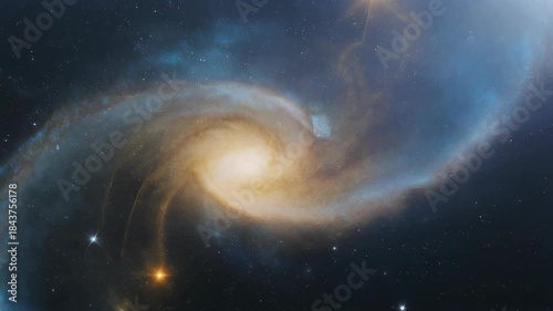 A celestial spiral galaxy, featuring an off-center core of warm yellow and golden hues, surrounded by azure nebulas and distant stars