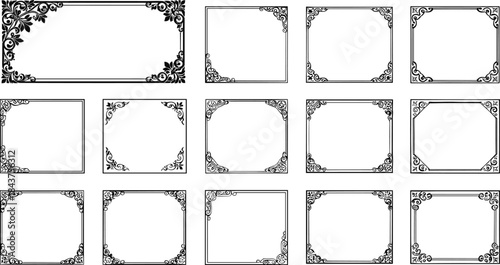Set of ornate black-and-white frames, decorative border designs, vintage certificate templates, elegant embellishments, blank center for content