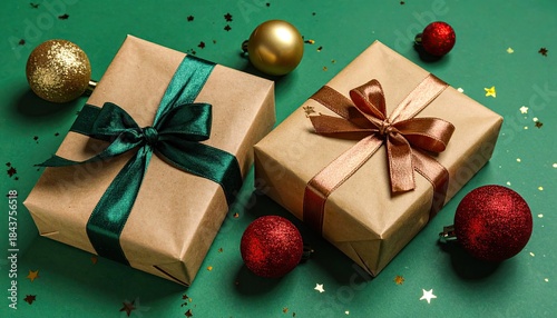 Festive holiday gift boxes with ornaments and confetti on a green background.