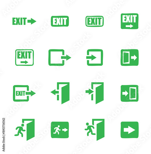 Green Hand-Drawn Exit Sign Icon Set