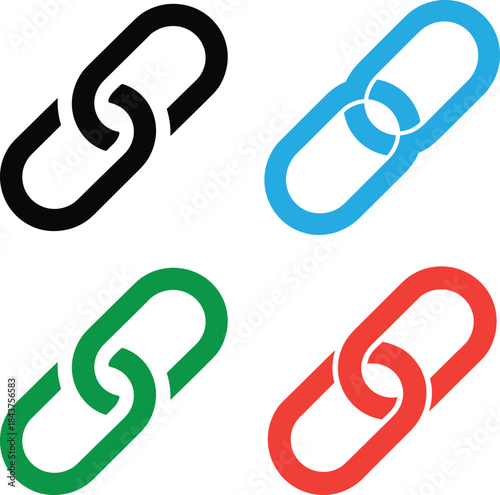 Chain link icons in black, blue, green, red, interlocked oval shapes, symbolizing digital connection, hyperlink, network, web design, communication
