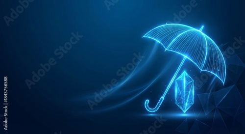 Glowing blue digital umbrella protecting a futuristic crystal structure against a dark abstract background