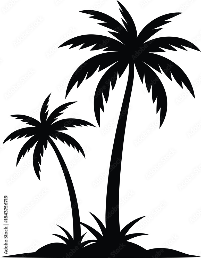 Fototapeta premium Silhouette of two palm trees on a small island against a white background