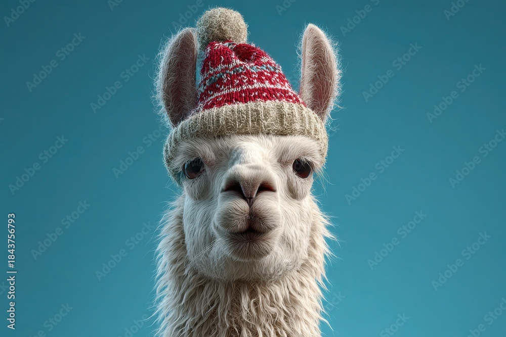 Obraz premium Festive Llama Wearing Christmas Hat Blue
