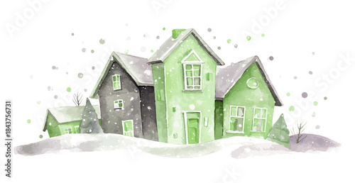 winter village watercolor illustration with snow falling, vector template for winter and christmas greeting cards or real estate advertising, green and grey colours isolated on white background