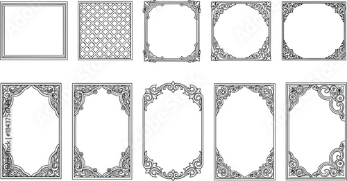 Ornate decorative frame set, vintage borders, floral scrollwork embellishments, elegant certificate templates, classic artistic design elements, graphic design resources