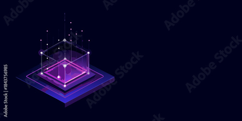 Isometric glowing cube structure with neon lines on a dark background