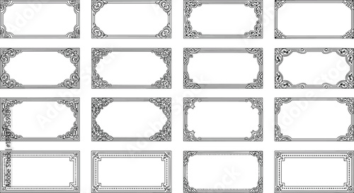 Ornate rectangular frame set, vintage borders, floral scrollwork embellishments, elegant certificate templates, classic artistic design elements, graphic design resources